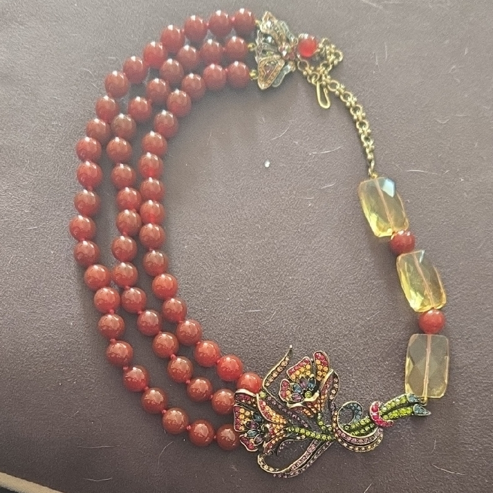 Heidi Daus Three-Strand Red Bead Necklace with Multicolor Crystal Floral Accent